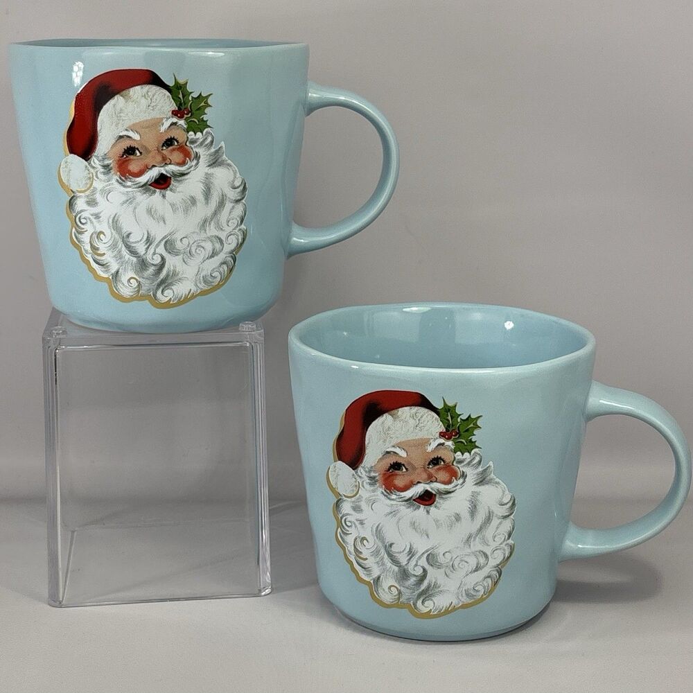 Set of 2 Fig and Fern Blue Ceramic Christmas Coffee Mugs Santa Portraits NEW